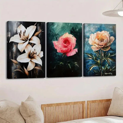 3pcs Florals Lily Rose Black Green & Blue Leaves Wall Art Set Canvas Unframed - High Quality Print 100% Australian Made Wall Canvas
