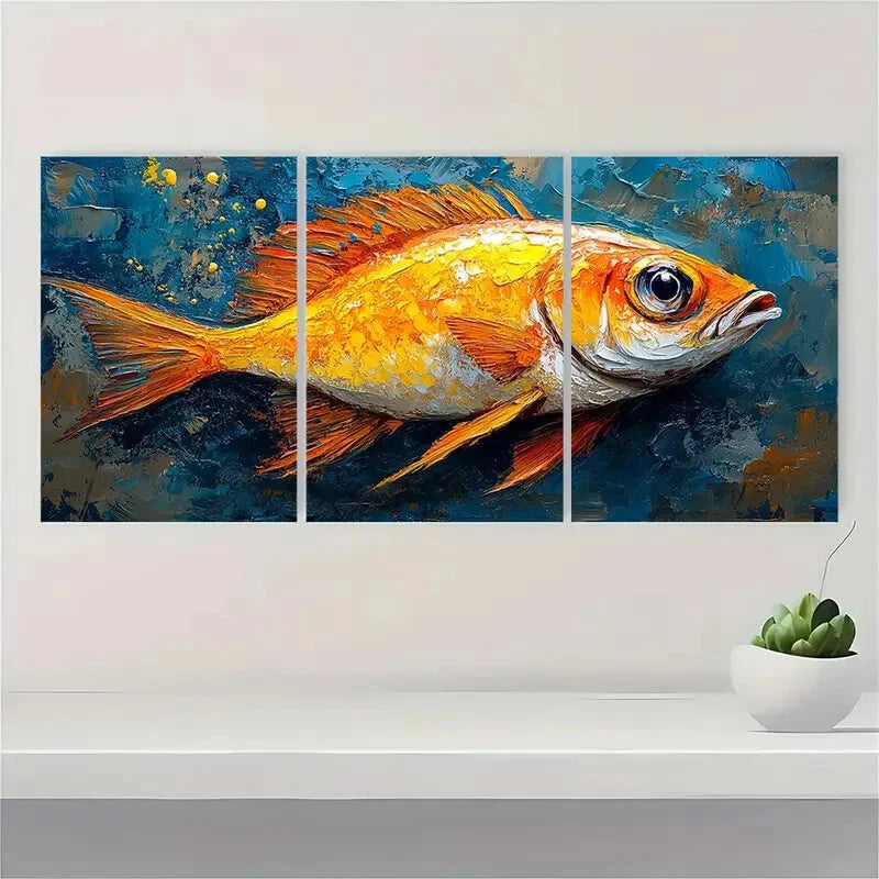 3pcs Sea Life Original Art Fish Artwork Painting Metal Print Ready to Hang Art - Bella Home Decor