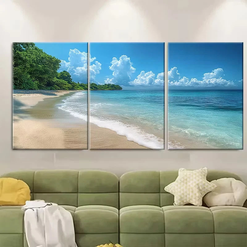3pcs White Sandy Beach Metal Print Ready to Hang Art