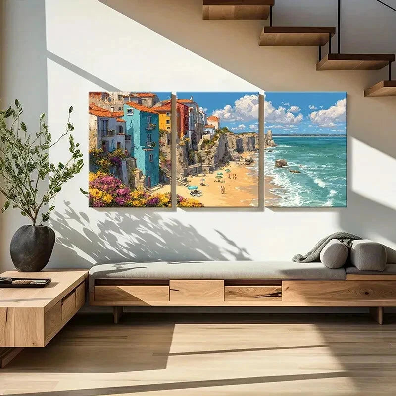3pcs Vibrant Beach Scene with Cliffside Homes Metal Print Ready to Hang Art - Bella Home Decor