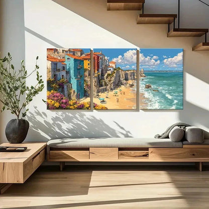 3pcs Vibrant Beach Scene with Cliffside Homes Metal Print Ready to Hang Art - Bella Home Decor