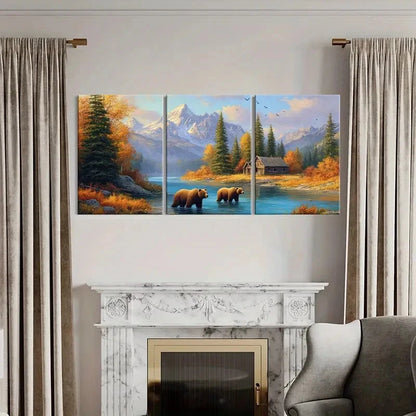 3pcs Autumn Mountain Landscape Rustic Cabin Metal Print Ready to Hang Art - Bella Home Decor