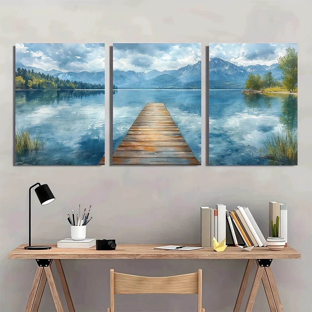 3pcs Boho Style Lake Scene Mountain Metal Print Ready to Hang Art - Bella Home Decor