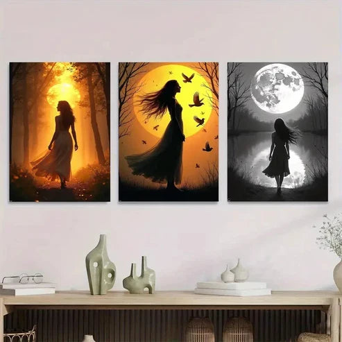 3pcs Sunset, Moonlight & Silhouette Classic Girl Wall Art Set Canvas Unframed - High Quality Print 100% Australian Made Wall Canvas