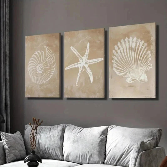 3pcs Coastal Seashell & Starfish Painting Wall Art Set Canvas Framed 40x60cm - High Quality Print 100% Australian Made Wall Canvas Ready to Hang