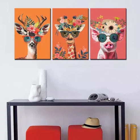 3pcs Colorful Flowers Animals Art Wall Art Canvas Unframed - High Quality Print 100% Australian Made Wall Canvas - Bella Home Decor