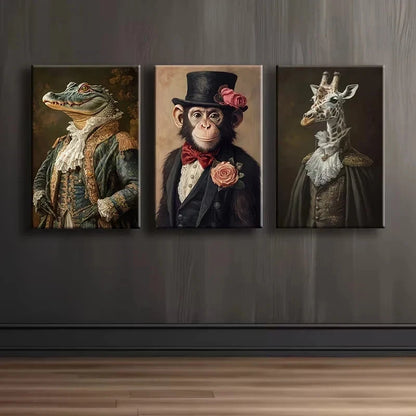 3pcs Animal Portraits in Vintage Attire Wall Art Set Canvas Framed 60x90cm - High Quality Print 100% Australian Made Wall Canvas Ready to Hang - Bella Home Decor