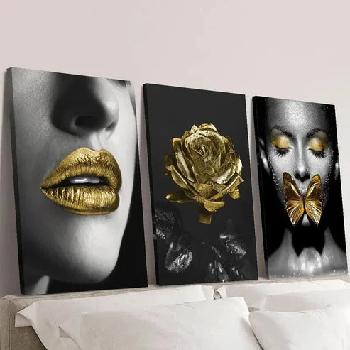 3pcs woman with Golden lipstick girl with Gold Wall Art Set Canvas Unframed - High Quality Print 100% Australian Made Wall Canvas
