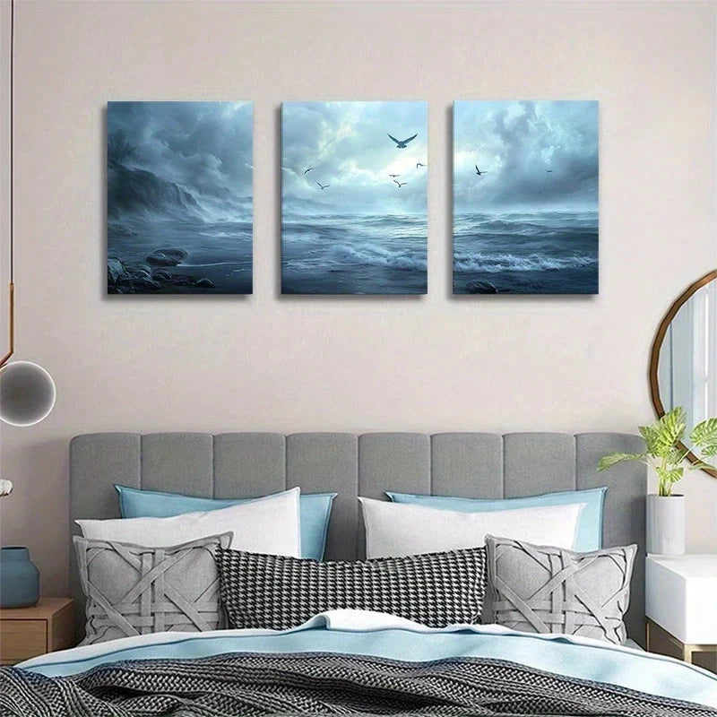 3pcs Dramatic Blue Ocean Waves & Seagulls Metal Print Ready to Hang Art - Bella Home Decor