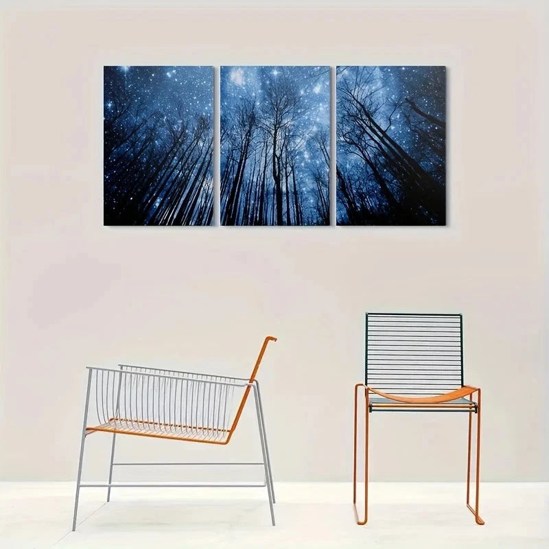 3pcs Blue Forest Night Sky Modern Metal Print Ready to Hang Art - Bella Home Decor