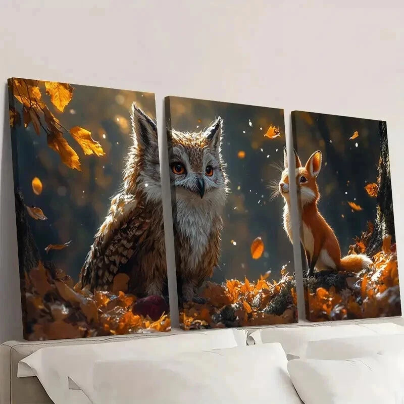3pcs Rustic Owl & Rabbit in Autumn Scene Wall Art Set Canvas Framed 40x60cm - High Quality Print 100% Australian Made Wall Canvas Ready to Hang - Bella Home Decor