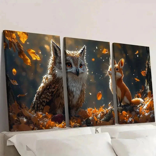 3pcs Rustic Owl & Rabbit in Autumn Scene Wall Art Set Canvas Framed 40x60cm - High Quality Print 100% Australian Made Wall Canvas Ready to Hang