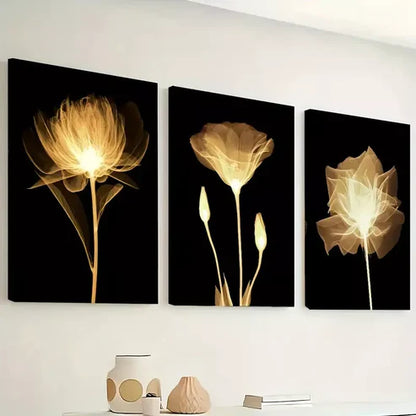 3pcs Warm Golden Flowers, Natural Plants Black Wall Art Canvas Unframed - High Quality Print 100% Australian Made Wall Canvas