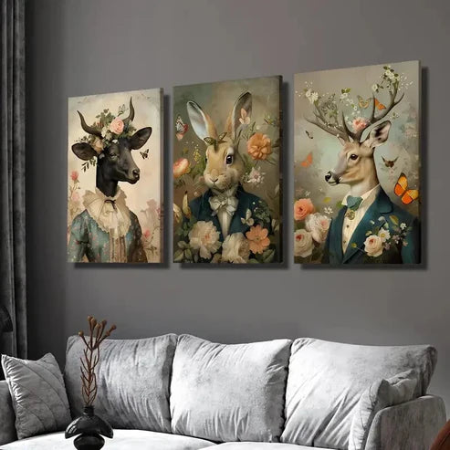 3pcs 2D Victorian Animal Portraits, Animal Wall Art Canvas Unframed - High Quality Print 100% Australian Made Wall Canvas