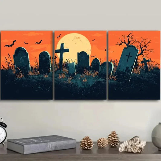 3pcs Eerie Graveyard Scene with Bats & Full Moon Metal Print Ready to Hang Art