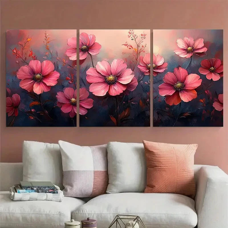 3pcs Elegant Pink Cosmos Watercolor Floral Metal Print Ready to Hang Art - Bella Home Decor