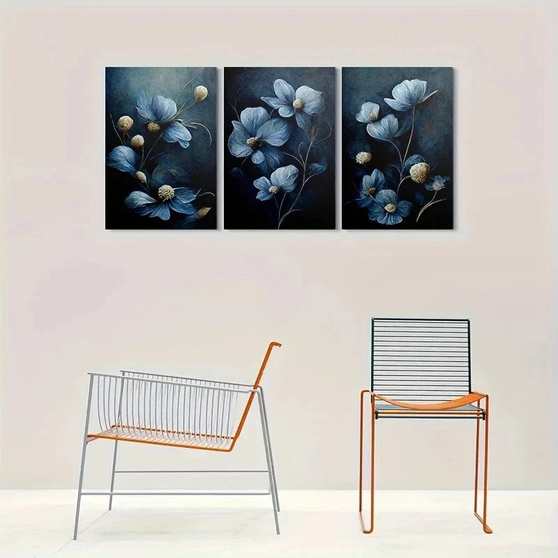 3pcs Blue Floral Modern Abstract Metal Print Ready to Hang Art - Bella Home Decor