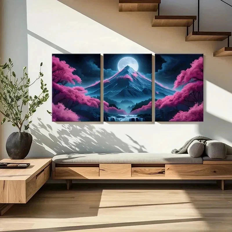 3pcs Mountain Under Full Moon Cherry Blossom Wall Art Set Canvas Framed 50x70cm - High Quality Print 100% Australian Made Wall Canvas Ready to Hang