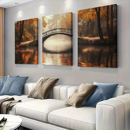 3pcs Autumn Bridge Mist Painting Style Art Set Canvas Framed 50x70cm - High Quality Print 100% Australian Made Wall Canvas Ready to Hang