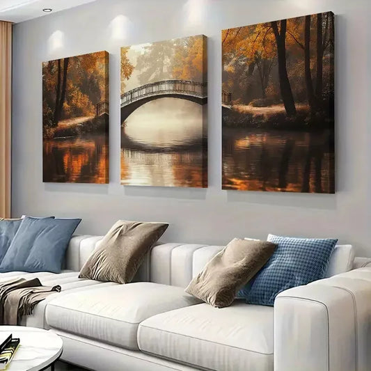 3pcs Autumn Bridge Mist Painting Style Art Set Canvas Framed 50x70cm - High Quality Print 100% Australian Made Wall Canvas Ready to Hang