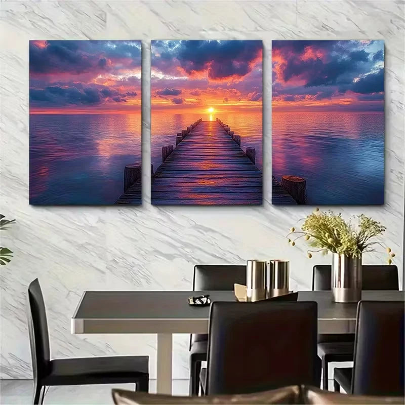 3pcs Pier at Dusk Metal Print Ready to Hang Art