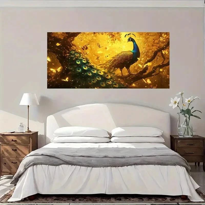Large Golden Peacock Wall Art Canvas Office Home Room Framed 120x60cm