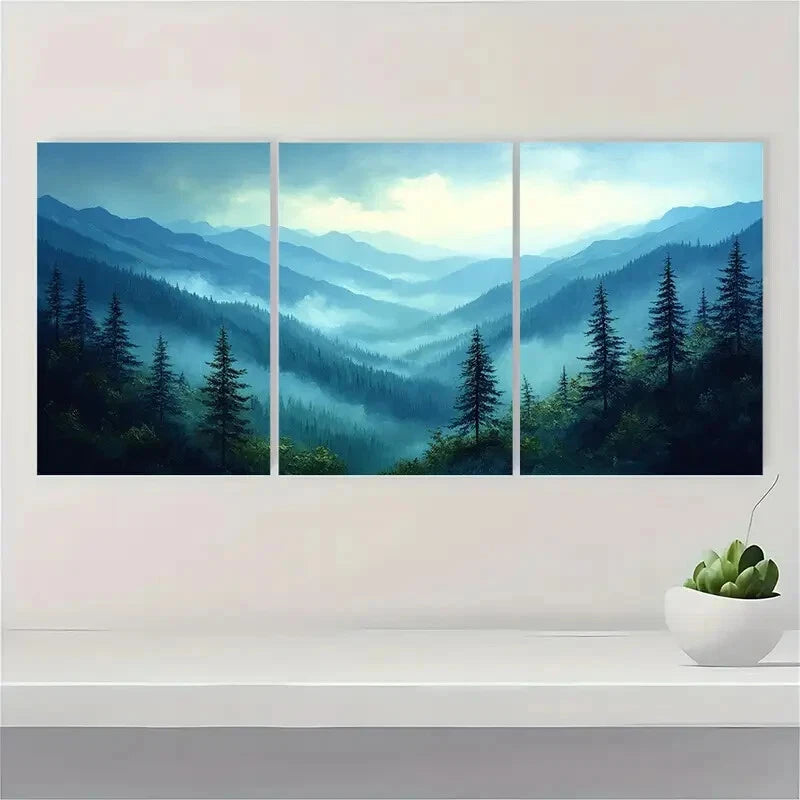 3pcs Appalachian Misty Pine Forest Landscape Metal Print Ready to Hang Art - Bella Home Decor