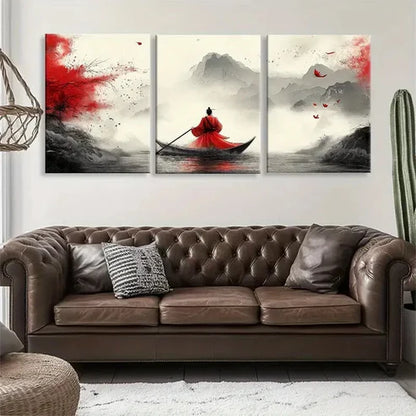 3pcs Traditional Boat Zen Red Perfect Wall Art Set Canvas Unframed - High Quality Print 100% Australian Made Wall Canvas
