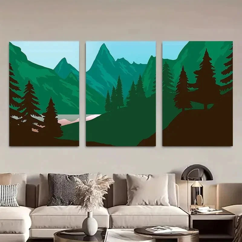 3pcs Vibrant Green & Black Forest Scene Metal Print Ready to Hang Art