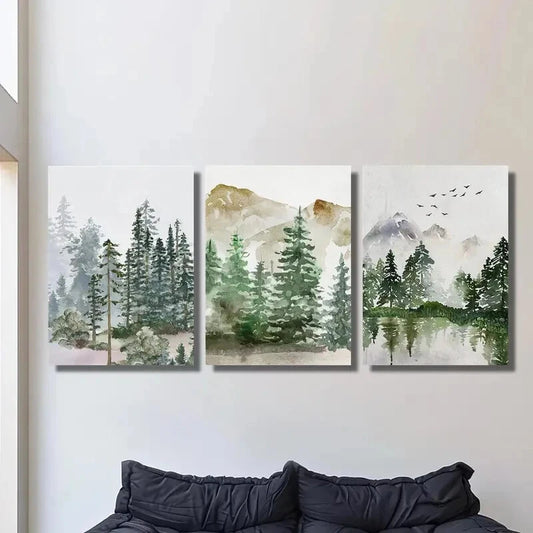 3pcs Sage green forest mountain landscape Metal Print Ready to Hang Art