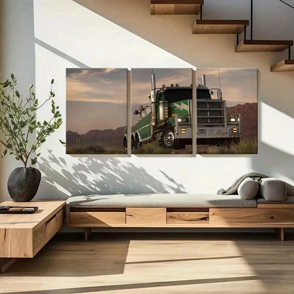 3pcs Green Truck Vehicle Modern Decor Wall Art Set Canvas Framed 50x70cm - High Quality Print 100% Australian Made Wall Canvas Ready to Hang