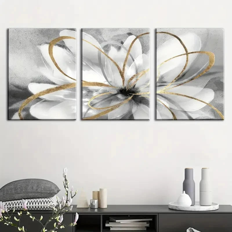 3pcs Flowers Abstract Designs with Golden Lines Metal Print Ready to Hang Art - Bella Home Decor