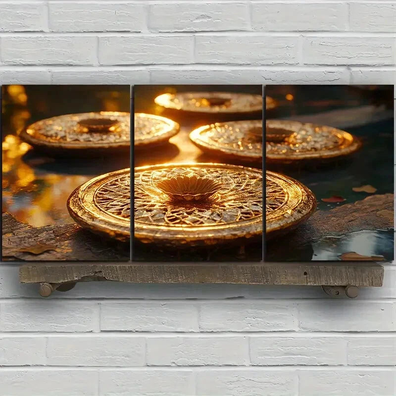3pcs Fallen Leaves And Lotus Pods Golden Metal Print Ready to Hang Art - Bella Home Decor