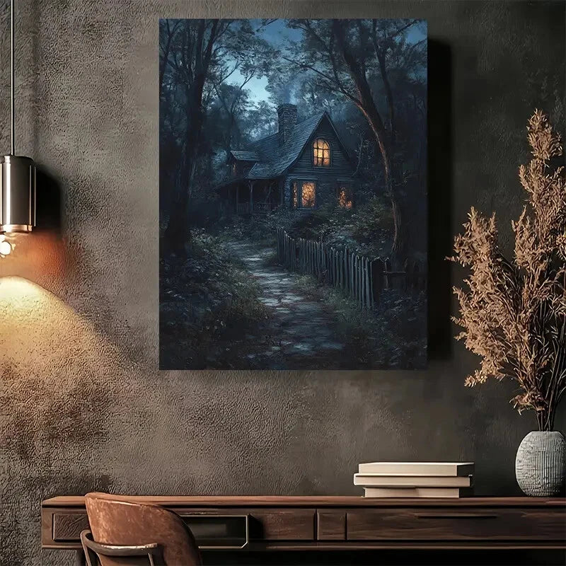 Beautiful Mystical Forest Cottage Night Scene Painting 40x60cm Metal Print Ready to Hang - Bella Home Decor