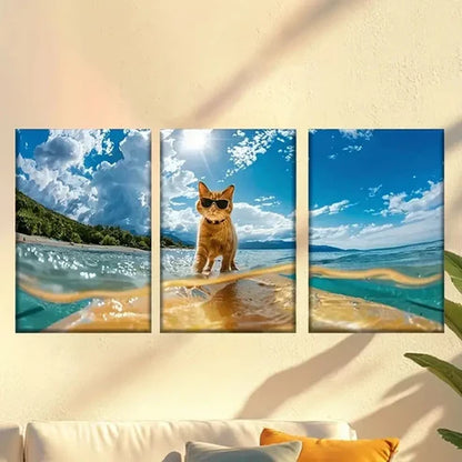 3pcs cat is standing on surfboard Wall Art Set Canvas Unframed - High Quality Print 100% Australian Made Wall Canvas - Bella Home Decor