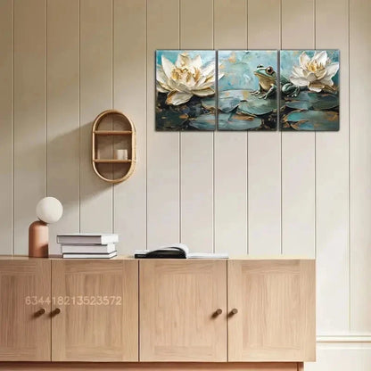 3pcs Abstract Water Lily & Frog Design Metal Print Ready to Hang Art - Bella Home Decor
