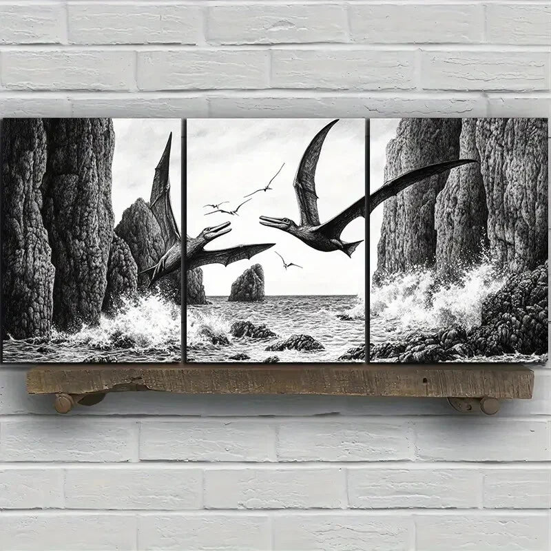 3pcs Dragons Flying On The Coast Beach Metal Print Ready to Hang Art - Bella Home Decor