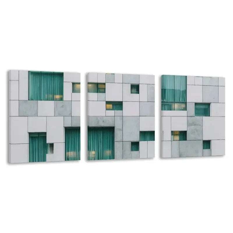 3pcs Building with White and Gray Square   Wall Art Set Canvas Framed 50x70cm - High Quality Print 100% Australian Made Wall Canvas Ready to Hang - Bella Home Decor