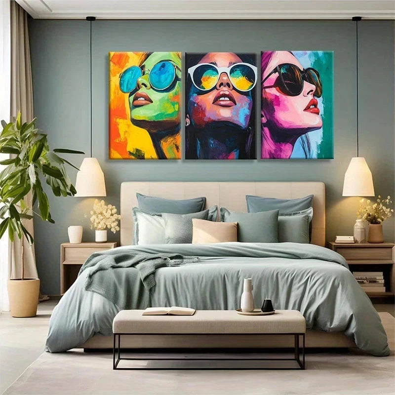 3pcs Confident Female Figures Glasses Modern Metal Print Ready to Hang Art - Bella Home Decor