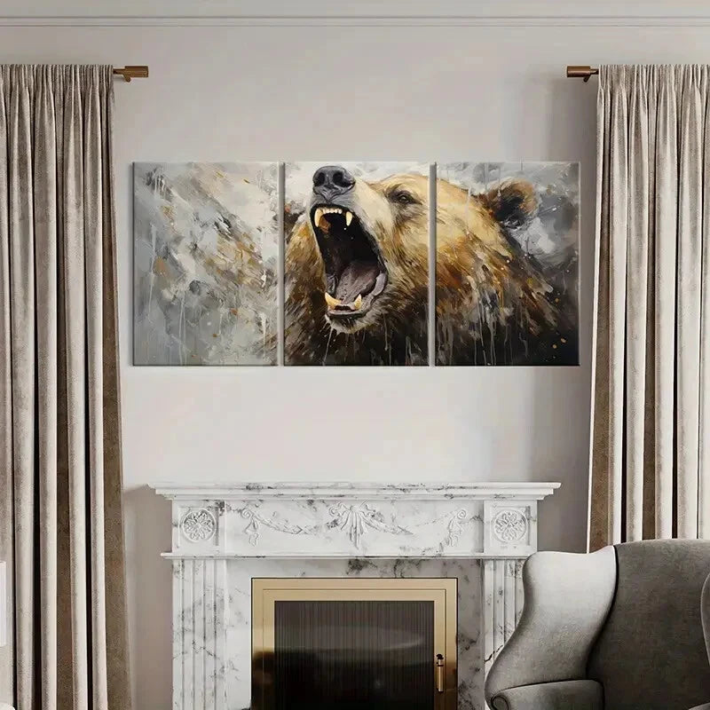 3pcs Artistic Bear Roar Abstract Wildlife Metal Print Ready to Hang Art - Bella Home Decor