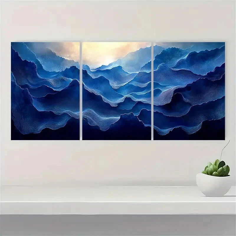 3pcs Wave Design in Indigo & Honeycomb Tones Metal Print Ready to Hang Art - Bella Home Decor
