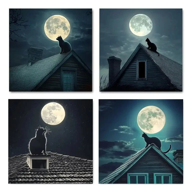 4pcs Romantic Night Scene With Moonlit Sky Wall Art Canvas Framed