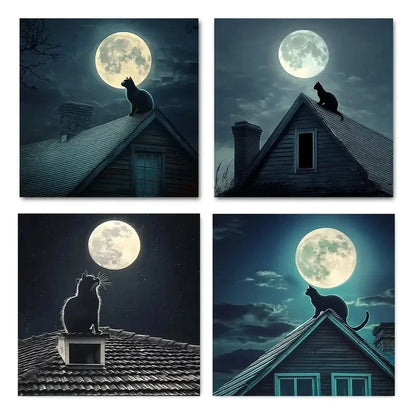 4pcs Romantic Night Scene With Moonlit Sky Wall Art Canvas Framed