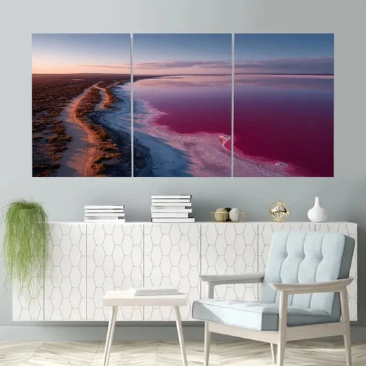 3pcs Pink Lake, Western Australia Wall Art Set Canvas Framed 60x90cm - High Quality Print 100% Australian Made Wall Canvas Ready to Hang