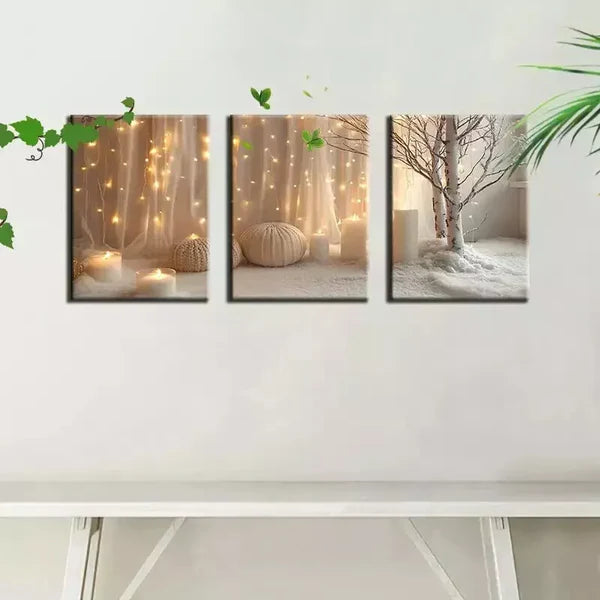 3pcs Modern Minimalist Soft lights & Candles Wall Art Set Canvas Framed 60x90cm - High Quality Print 100% Australian Made Wall Canvas Ready to Hang - Bella Home Decor