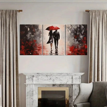 3pcs Red Umbrella Rainy Scene Romantic Couple Metal Print Ready to Hang Art - Bella Home Decor