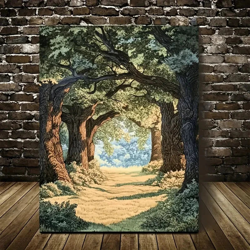Flourishing Oak Forest Scene with Sunlit Painting 40x60cm Metal Print Ready to Hang - Bella Home Decor