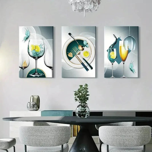 3pcs Teal Gray Wine Glass Kitchenware Metal Print Ready to Hang Art