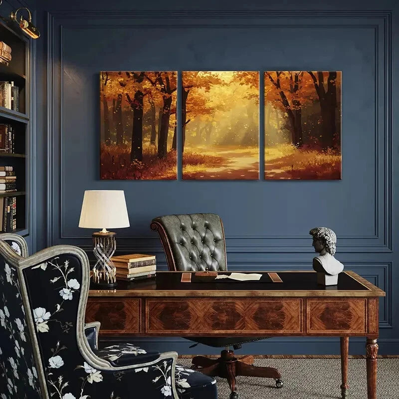 3pcs Autumn Forest Pathway Warm Sunlight Metal Print Ready to Hang Art - Bella Home Decor