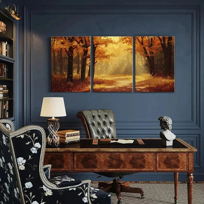 3pcs Autumn Forest Pathway Warm Sunlight Metal Print Ready to Hang Art - Bella Home Decor